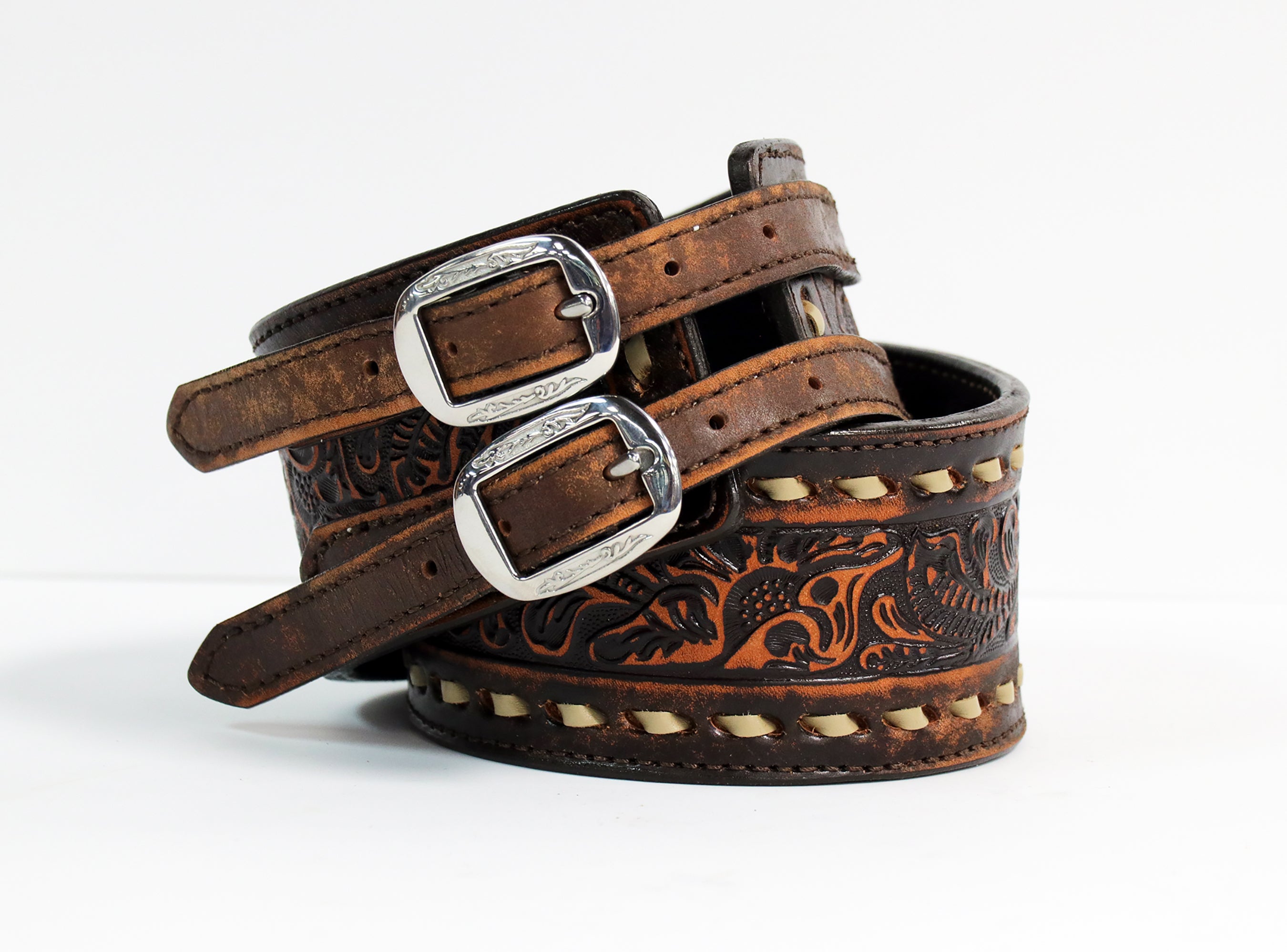 B807 Brown Vintage Buck Stitched Belt