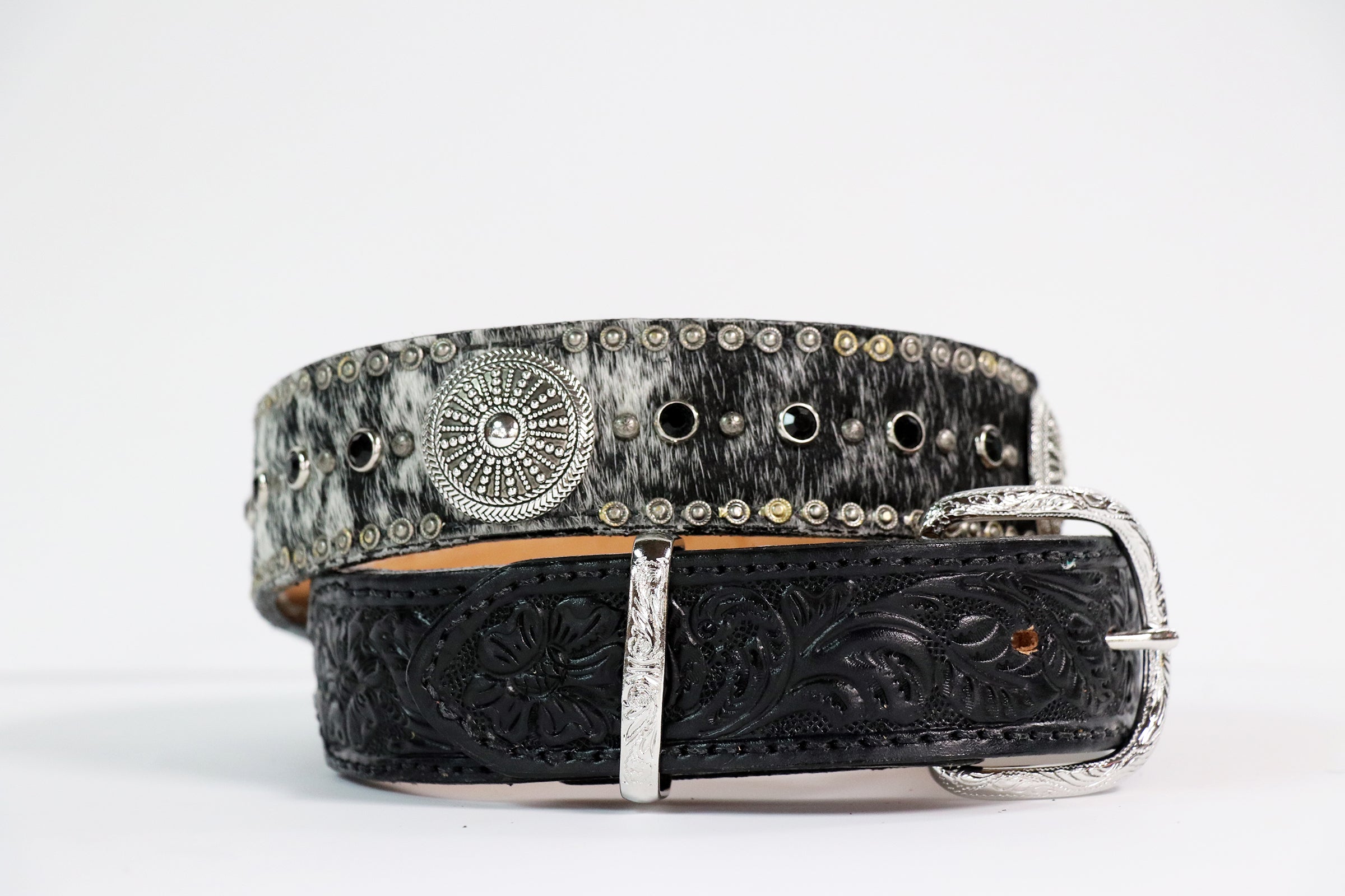 Black Roan Belt with Fancy Black Tooled Ends