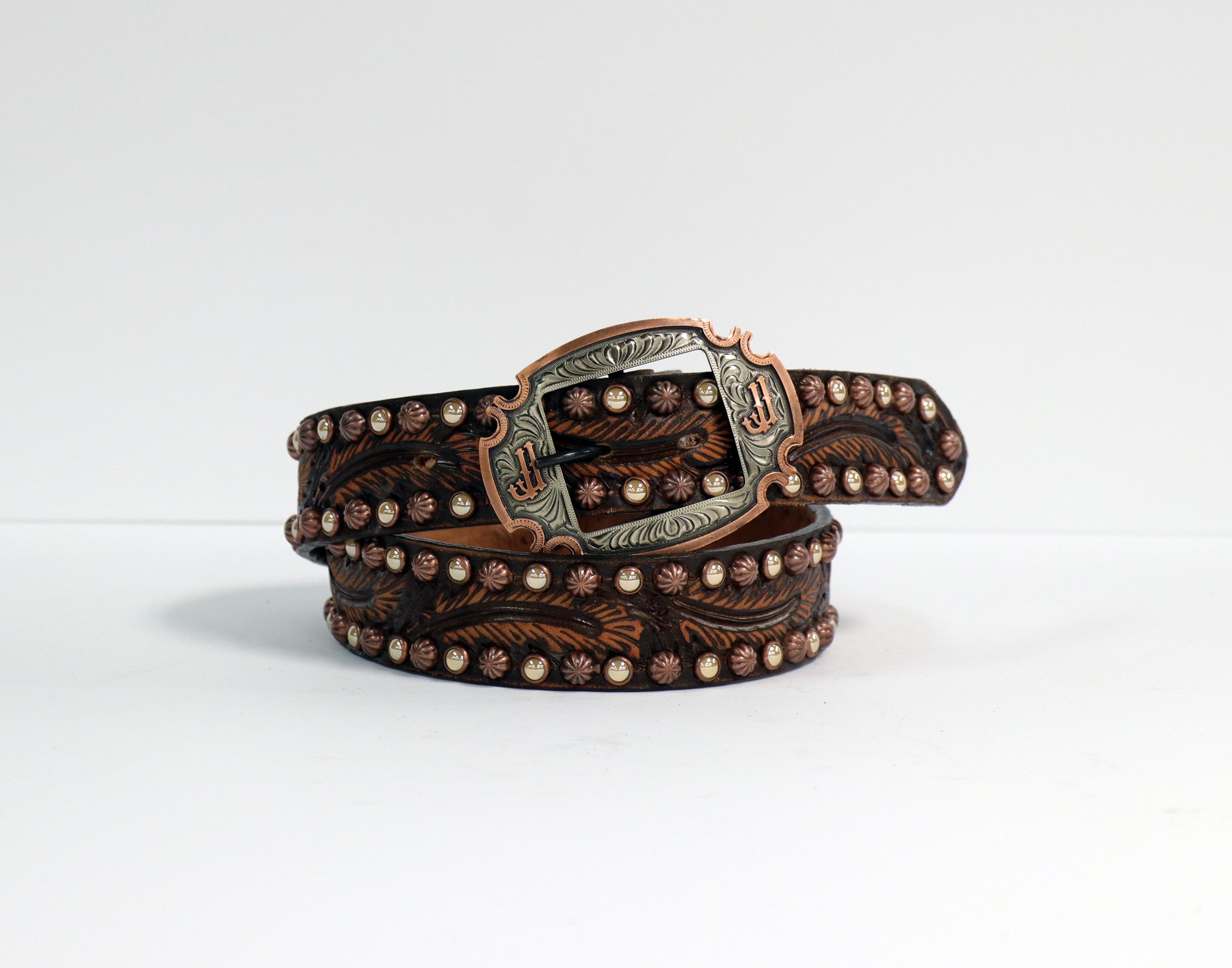 B886 Brown Vintage Feather Tooled Belt