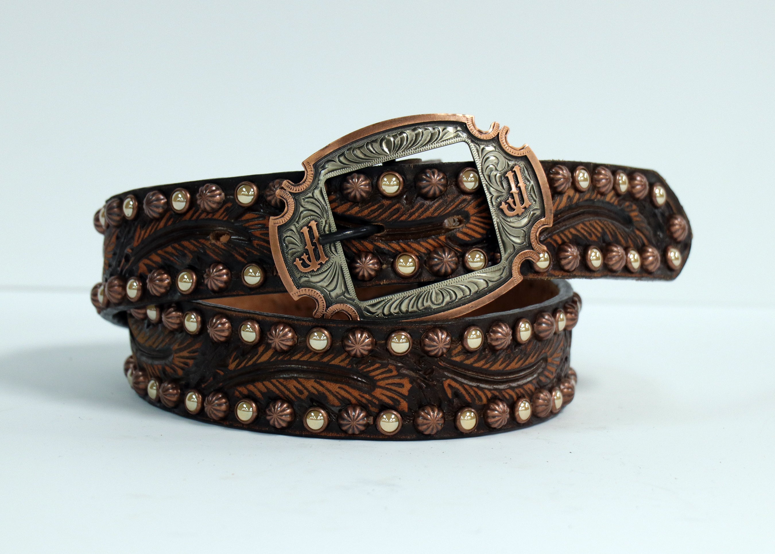 B886 Brown Vintage Feather Tooled Belt