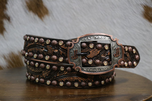 B886 Brown Vintage Feather Tooled Belt