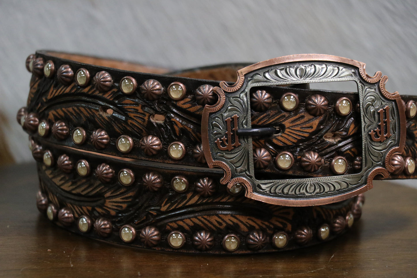 B886 Brown Vintage Feather Tooled Belt