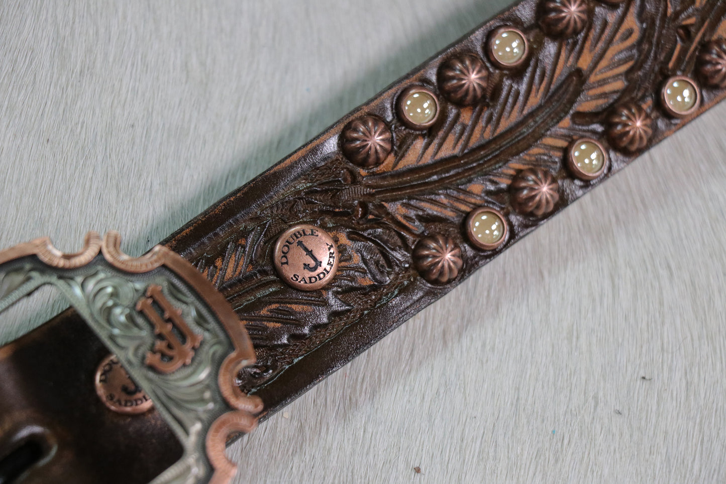 B886 Brown Vintage Feather Tooled Belt