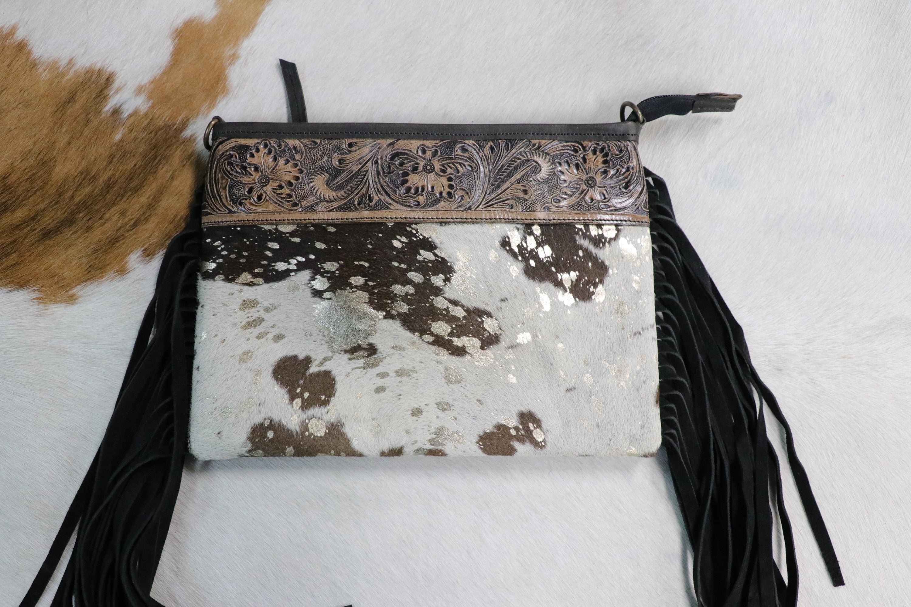 Cowhide Purse with Embossed Top & Fringe