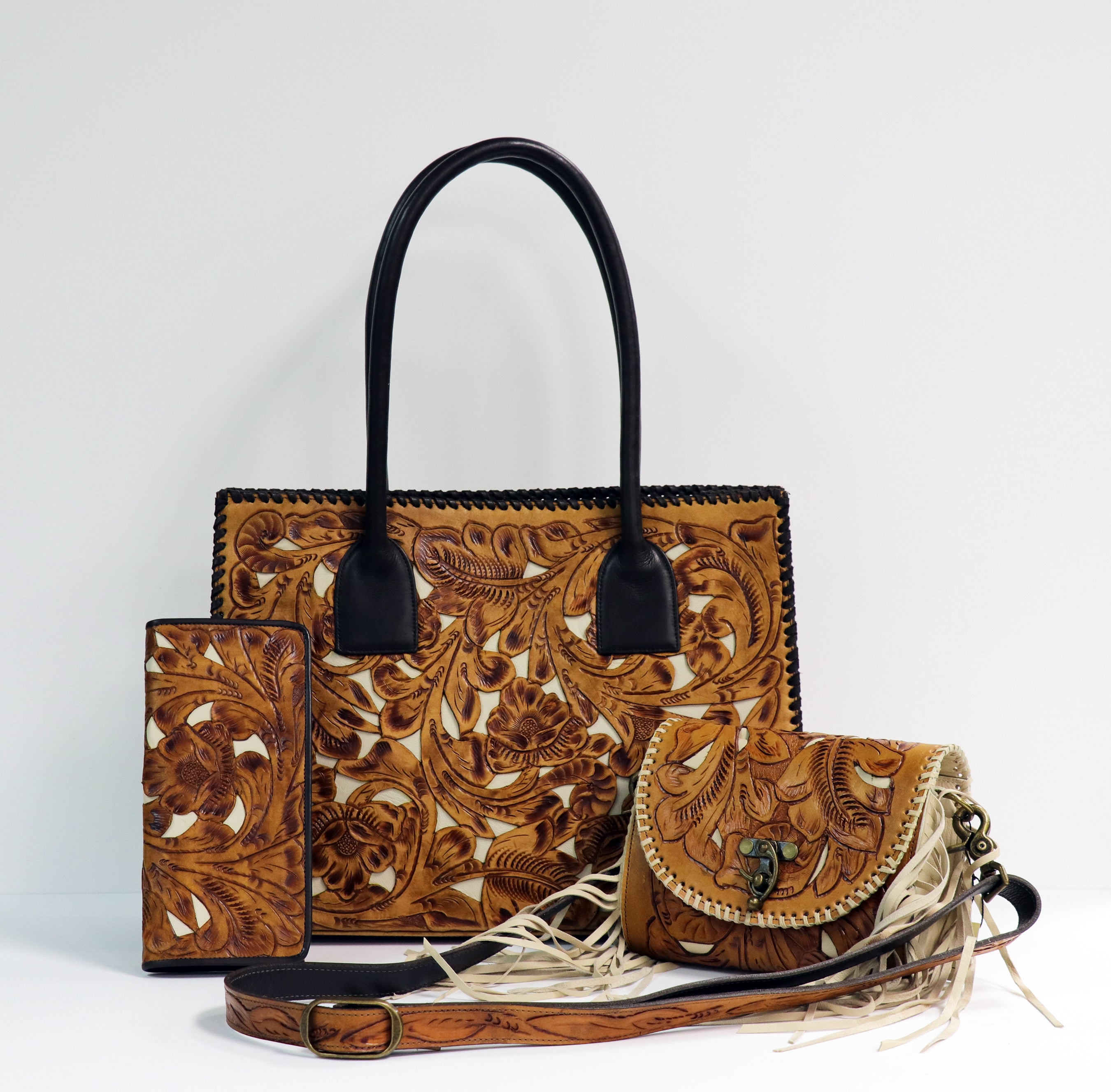 2003TL Hand Tooled Saddle Tan w/ Ivory Inlay Bag