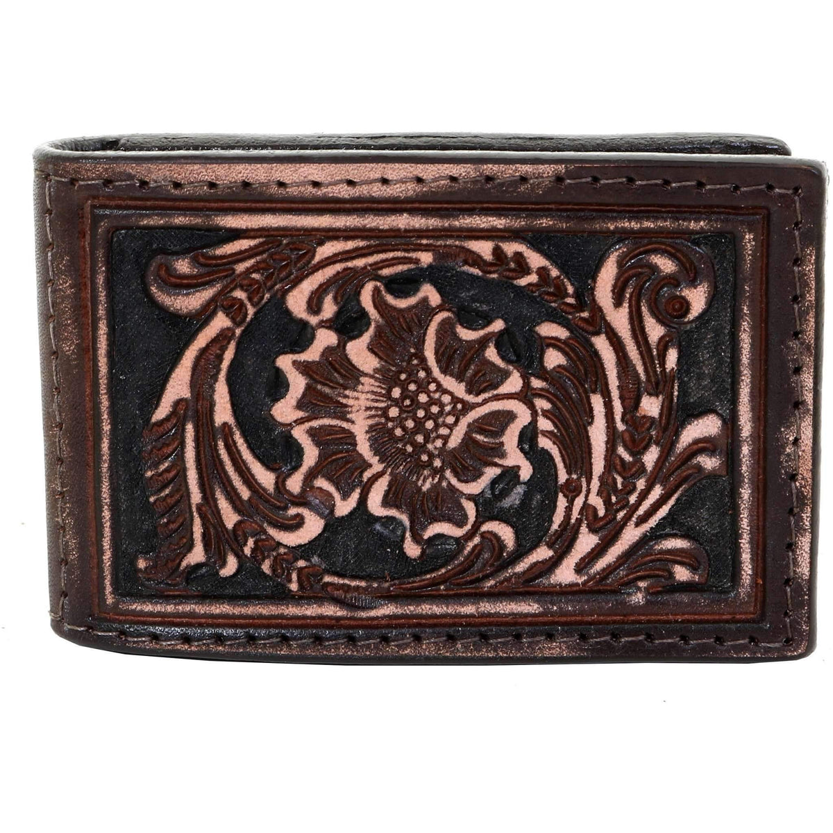 Brown Vintage Floral Tooled Money Clip