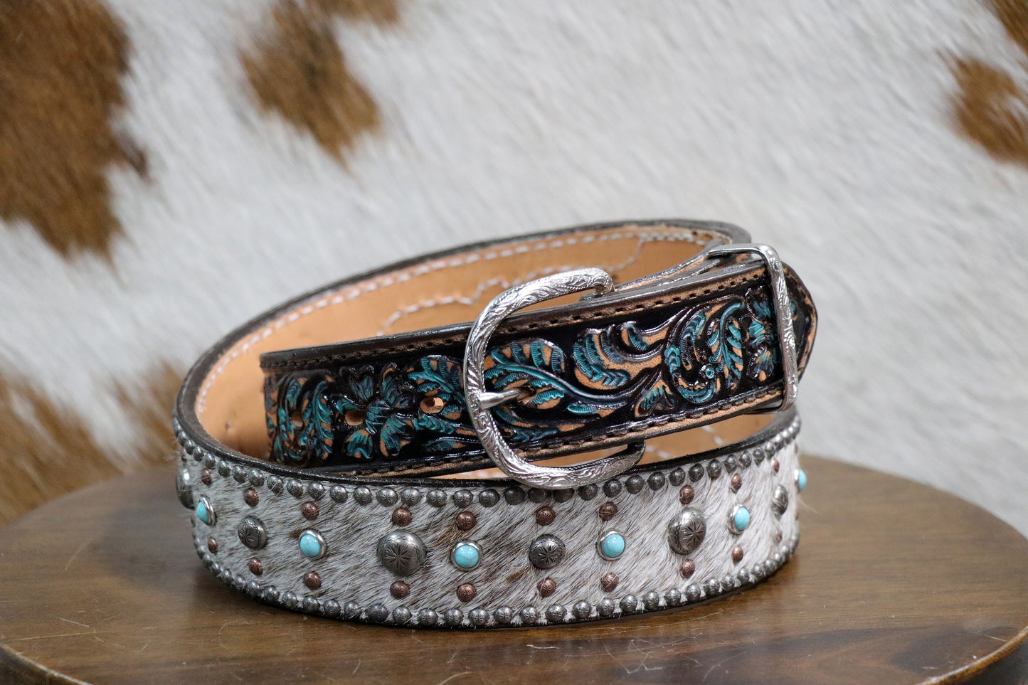 B720A Roan Hair Studded Tooled Belt