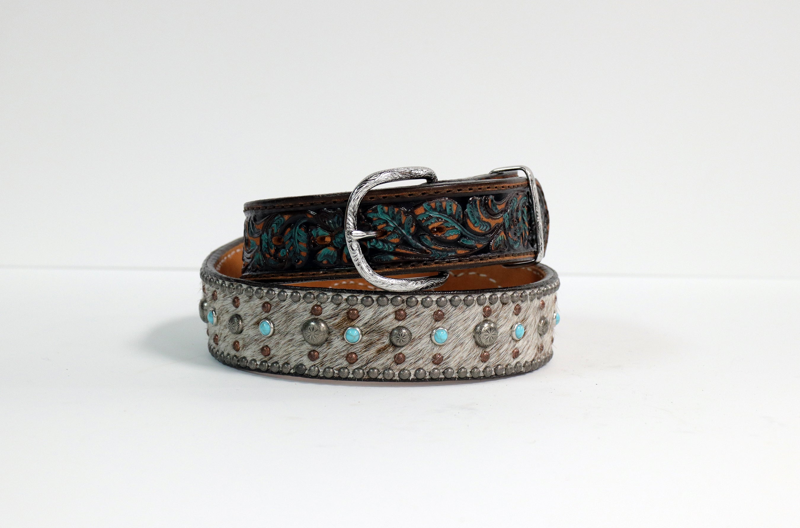 B720A Roan Hair Studded Tooled Belt
