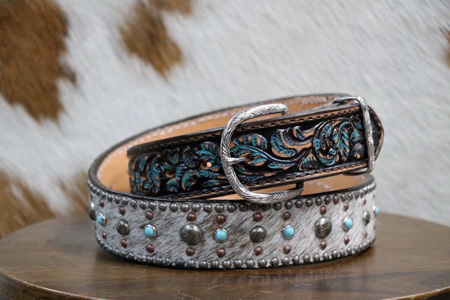 B720A Roan Hair Studded Tooled Belt