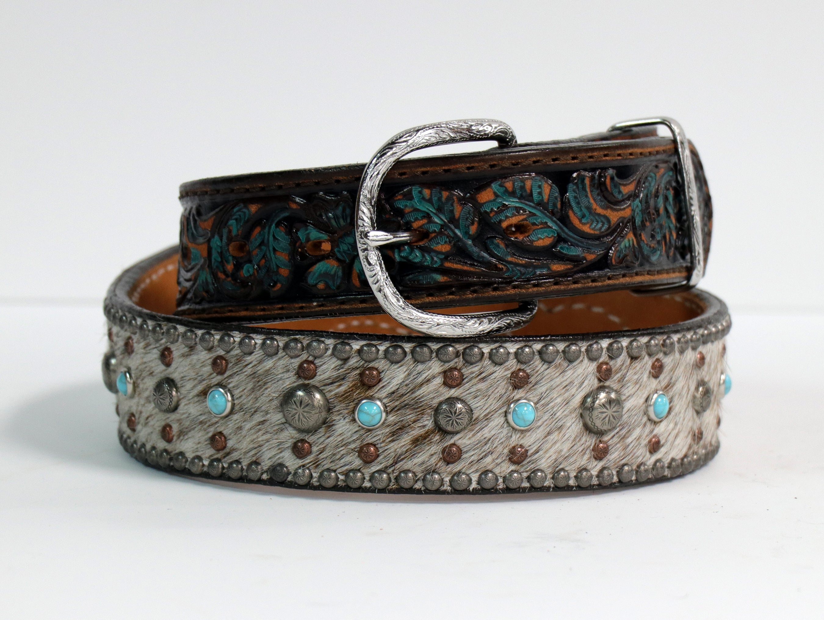 B720A Roan Hair Studded Tooled Belt