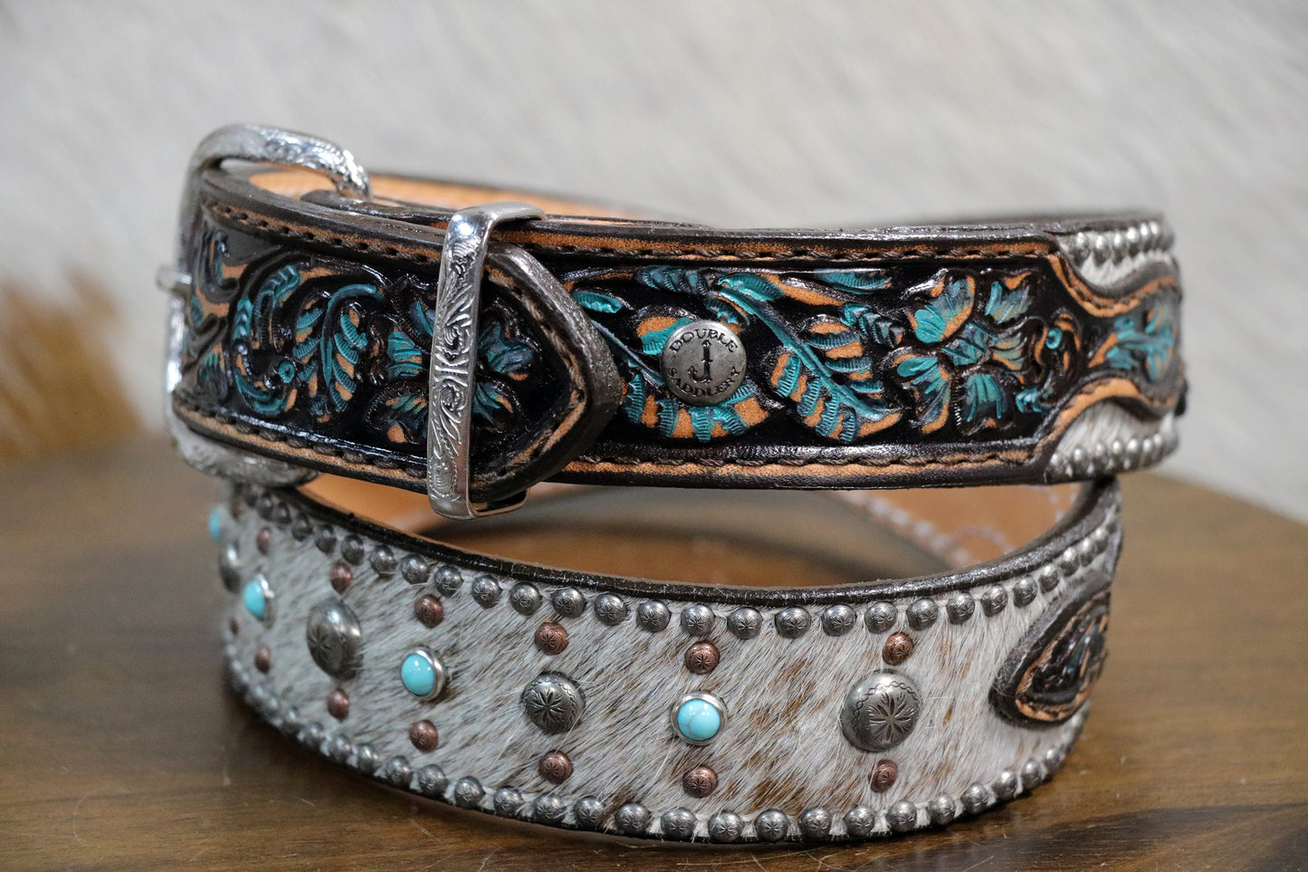 B720A Roan Hair Studded Tooled Belt